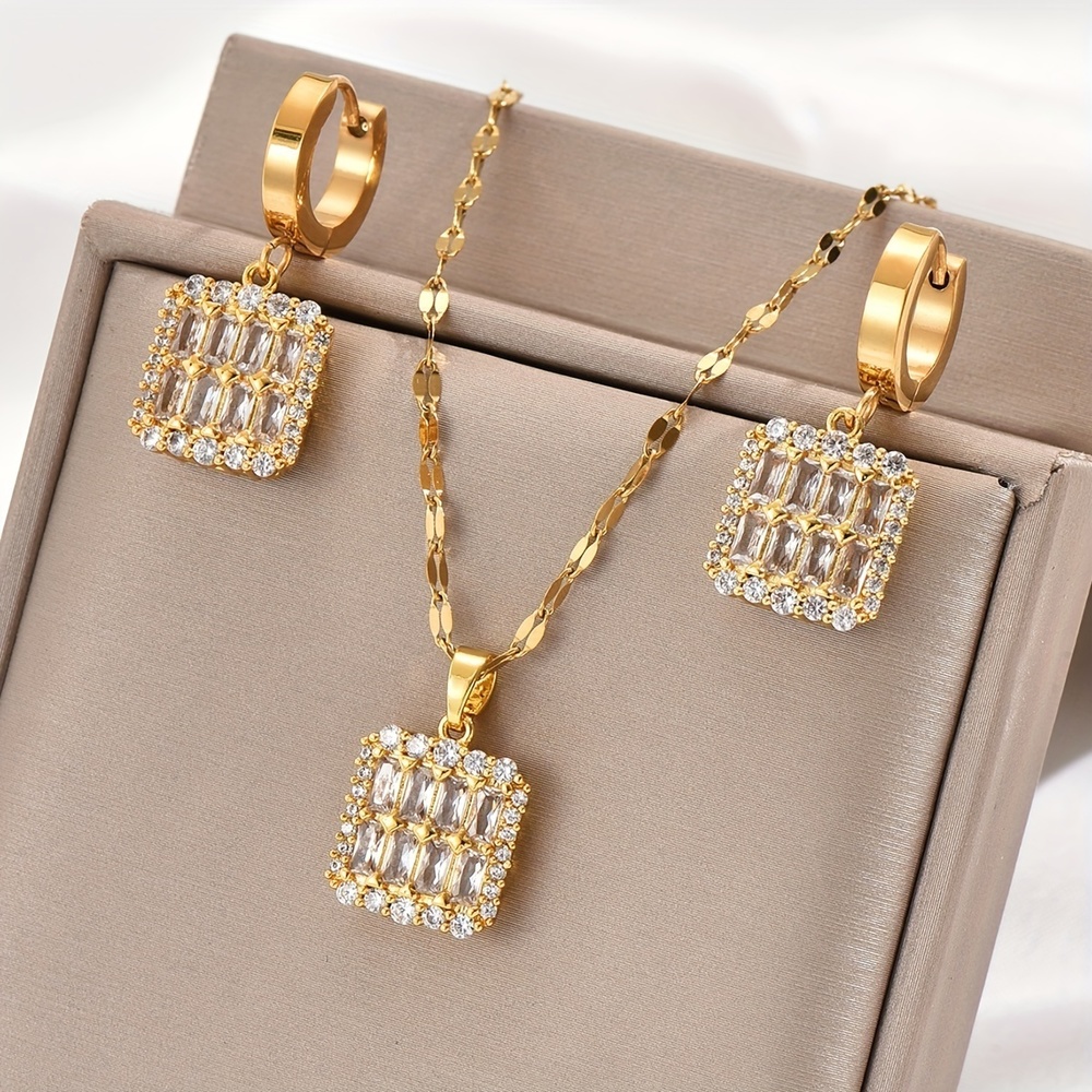 Golden Stainless Steel Earrings + Necklace Jewelry Set, 3pcs/Set